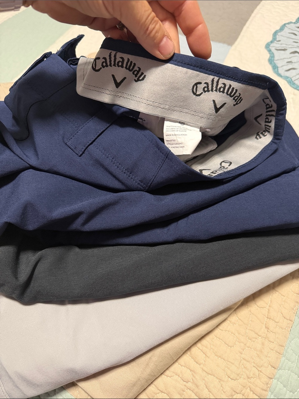 5 pair Callaway Men’s Athletic Shorts — (2) Navy, Charcoal, Light Gray, Tan